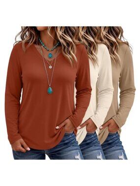 Plus Size V Neck Long Sleeve Tunic Tops 3 Pack Stretchy Loose Fit Shirts